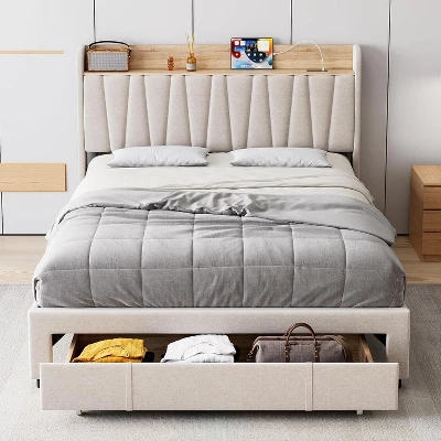 Full/Queen Size Upholstered Bed Frame With Storage Headboard, Drawer, Charging Station, Linen Platform, No Box Spring Needed 1 Full/Queen Size Upholstered Bed Frame With Storage Headboard, Drawer, Charging Station, Linen Platform, No Box Spring Needed
