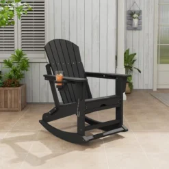 Adirondack Rocking Chair With Retractable Ottoman – Folding Outdoor Rocker Chair, Heavy Duty HDPE Material, Black (380lb Capacity)