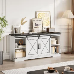 Farmhouse TV Stand And Entertainment Center For TV Up To 65 Inches With Sliding Barn Doors And Adjustable Shelf, White & Brown 13 Farmhouse TV Stand And Entertainment Center For TV Up To 65 Inches With Sliding Barn Doors And Adjustable Shelf, White & Brown -Garvee Sales GUEST ee6b9745 47aa 4aba b0eb 5ee1d087c883