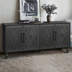 Sideboard Buffet, Wood Floor Cabinet With Carved Flower Door, Metal Handle, Freestanding Sideboard