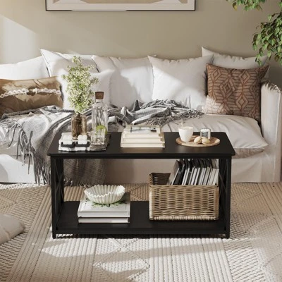 2-Tier Coffee Table For Small Spaces, X-Frame Living Room Low Coffee Table With Storage Shelf 4 2-Tier Coffee Table For Small Spaces, X-Frame Living Room Low Coffee Table With Storage Shelf - Image 4