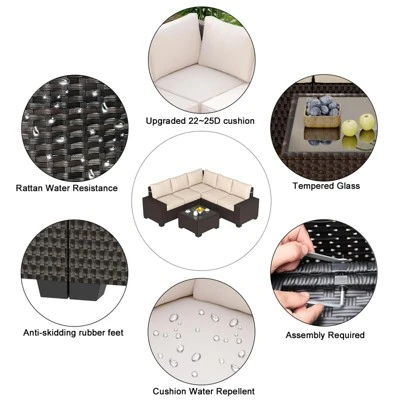 6-Piece All-Weather Sectional Patio Sofa Set, Rattan Wicker Couch Set With Glass Coffee Table For Backyard, Garden, Or Balcony 4 6-Piece All-Weather Sectional Patio Sofa Set, Rattan Wicker Couch Set With Glass Coffee Table For Backyard, Garden, Or Balcony - Image 4
