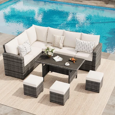 7-Piece Outdoor Patio Furniture Set – Rattan Chairs With Ottoman & Wood Coffee Table, Wicker Sectional Conversation Sofa In Beige 7 7-Piece Outdoor Patio Furniture Set – Rattan Chairs With Ottoman & Wood Coffee Table, Wicker Sectional Conversation Sofa In Beige - Image 7