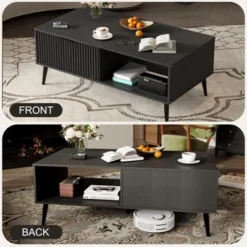Coffee Table With Storage，Rectangular Wooden Coffee Table With Sliding Door And Solid Wood Legs, 2-Tier Cocktail Table -Garvee Sales GUEST f01d6915 2571 4c7c 97dc 8282868f0d53 1