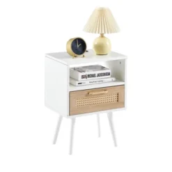 Mid-Century Modern Nightstand,15.75" Rattan Night Stands With Power Outlet & USB Ports,Drawer Solid Wood Legs, Bedroom Night Stand