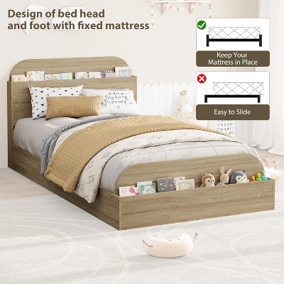 Twin Size Wood Bed Frame With Storage Headboard And Raised-Foodboard For Kid, Twin-Floor Low Platform Bed For Bedroom, No Box Spring Needed 6 Twin Size Wood Bed Frame With Storage Headboard And Raised-Foodboard For Kid, Twin-Floor Low Platform Bed For Bedroom, No Box Spring Needed - Image 6