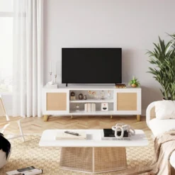 Rattan TV Stand Entertainment Center With Marble Pattern For 65" TV, White TV Console Table & Cabinet With Adjustable Shelves For Living Room, Bedroom -Garvee Sales GUEST f0c15b55 3aa3 42cb a353 5e7759b20d8d