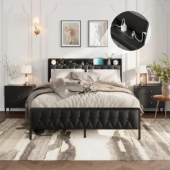 Full/ Queen/ KingBed Frame With Charging Station, Faux Leather Platform Bed With Storage Button Headboard & Footboard, No Box Spring Needed, Black -Garvee Sales GUEST f10ffeba 3a53 4300 8577 e0965d7ce835