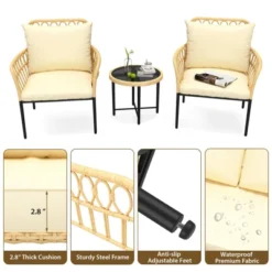 3-Piece Bistro Patio Set, All-Weather Wicker Conversation Set With Cushions & Coffee Table For Garden, Balcony, Deck, Or Poolside ¨C Beige 12 3-Piece Bistro Patio Set, All-Weather Wicker Conversation Set With Cushions & Coffee Table For Garden, Balcony, Deck, Or Poolside ¨C Beige -Garvee Sales GUEST f200e967 08e6 492d 8b11 7278d4a45a62