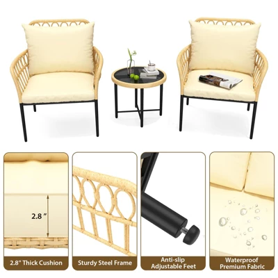 3-Piece Bistro Patio Set, All-Weather Wicker Conversation Set With Cushions & Coffee Table For Garden, Balcony, Deck, Or Poolside ¨C Beige 6 3-Piece Bistro Patio Set, All-Weather Wicker Conversation Set With Cushions & Coffee Table For Garden, Balcony, Deck, Or Poolside ¨C Beige - Image 6