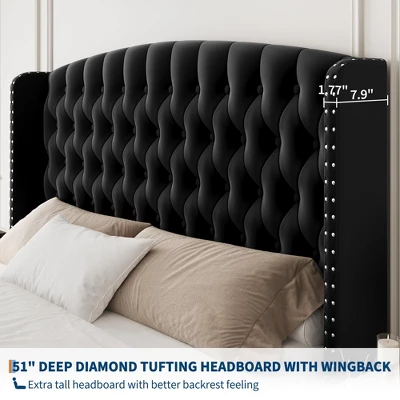 Bed Frame With Deep Button Tufted Wingback Headboard And Footboard, Velvet Upholstered Platform Frame, No Box Spring, Easy Assembly 3 Bed Frame With Deep Button Tufted Wingback Headboard And Footboard, Velvet Upholstered Platform Frame, No Box Spring, Easy Assembly - Image 3