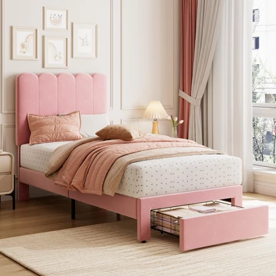 2 Sets Twin Bed Frame With Under-Bed Drawer, Velvet Upholstered Platform Bed With Wave Headboard,No Box Spring Needed 2 2 Sets Twin Bed Frame With Under-Bed Drawer, Velvet Upholstered Platform Bed With Wave Headboard,No Box Spring Needed - Image 2