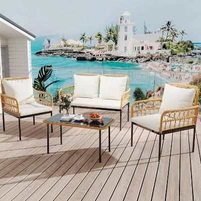 4-Piece Patio Set With Deep Seating & Waterproof Cushions, Boho Wicker Furniture With Coffee Table For Balcony, Backyard, Garden 9 4-Piece Patio Set With Deep Seating & Waterproof Cushions, Boho Wicker Furniture With Coffee Table For Balcony, Backyard, Garden - Image 9