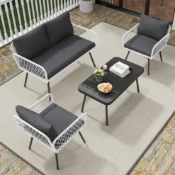 4-Piece Patio Sectional Set - Handmade Rattan & Metal Frame Sofa With Coffee Table, For Backyard, Garden And Poolside, Grey -Garvee Sales GUEST f31945a6 8df9 4428 828c d72ecf5f2468