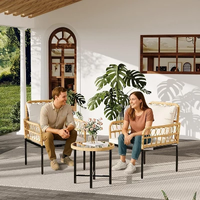 3-Piece All-Weather Wicker Rattan Bistro Patio Furniture Set With Glass Table And Thick Cushions, For Balcony, Garden, Backyard, And Poolside, Beige 2 3-Piece All-Weather Wicker Rattan Bistro Patio Furniture Set With Glass Table And Thick Cushions, For Balcony, Garden, Backyard, And Poolside, Beige - Image 2