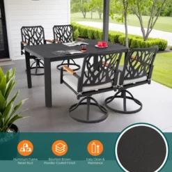 5-PC Outdoor Patio Aluminum Furniture Set, Modern Dining Set With 4 Swivel Rockers, Fabric Cushioned