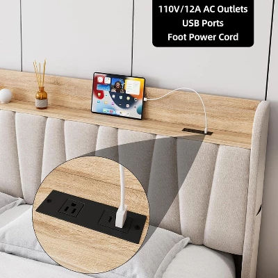 Full/Queen Size Upholstered Bed Frame With Storage Headboard, Drawer, Charging Station, Linen Platform, No Box Spring Needed 4 Full/Queen Size Upholstered Bed Frame With Storage Headboard, Drawer, Charging Station, Linen Platform, No Box Spring Needed - Image 4