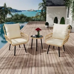 3 Piece Outdoor Wicker Patio Bistro Set, Rattan Conversation Set With Glass Top Coffee Table And Cushioned Chairs, All-Weather Balcony Furniture Set 17 3 Piece Outdoor Wicker Patio Bistro Set, Rattan Conversation Set With Glass Top Coffee Table And Cushioned Chairs, All-Weather Balcony Furniture Set -Garvee Sales GUEST f4c4d694 3ad6 4e31 9e38 2a9da09b0a0d 1