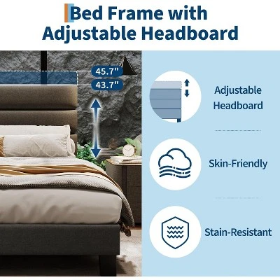 Full/ Queen/ King Bed Frame With Adjustable Headboard, Fabric Upholstered And Wooden Slats Support, Heavy Duty Mattress Foundation 3 Full/ Queen/ King Bed Frame With Adjustable Headboard, Fabric Upholstered And Wooden Slats Support, Heavy Duty Mattress Foundation - Image 3