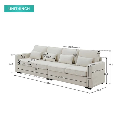 104" Modern 4 Seater Sofa Couch, Fabric Linen Upholstered Sofa With Pockets, Deep Seat Sleeper Sofa Couch For Living Room Office Bedroom Apartment 2 104" Modern 4 Seater Sofa Couch, Fabric Linen Upholstered Sofa With Pockets, Deep Seat Sleeper Sofa Couch For Living Room Office Bedroom Apartment - Image 2