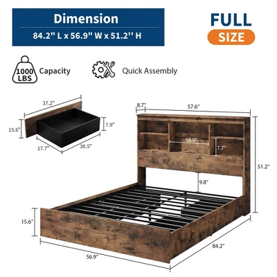 Bed Frame With High Storage Bookcase Headboard, Wood Bed Frame With 4 Storage Drawers, Built In Charging Station,No Box Spring Needed, Metal Frame 1 Bed Frame With High Storage Bookcase Headboard, Wood Bed Frame With 4 Storage Drawers, Built In Charging Station,No Box Spring Needed, Metal Frame