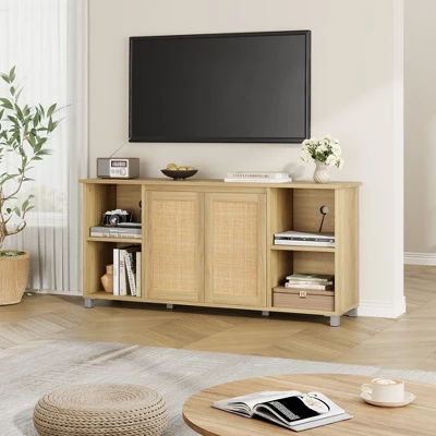 70 Inch TV Stand, Boho TV Stand With Rattan Cabinet Doors, Entertainment Center With 4 Open Shelve, Mid-Century Modern TV Stands - Natural 7 70 Inch TV Stand, Boho TV Stand With Rattan Cabinet Doors, Entertainment Center With 4 Open Shelve, Mid-Century Modern TV Stands - Natural - Image 7