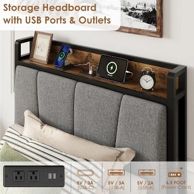 Twin/Full/Queen/King Size Upholstered Bed Frame With Storage Headboard, 2 Drawers, USB Charging Station, No Box Spring Needed, Heavy Duty, Grey 3 Twin/Full/Queen/King Size Upholstered Bed Frame With Storage Headboard, 2 Drawers, USB Charging Station, No Box Spring Needed, Heavy Duty, Grey - Image 3