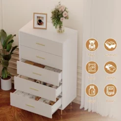White 5 Drawer Dresser,Tall Narrow Chest Of Drawers,Wooden Skinny Dresser With Gold Metal Handles And Legs,Modern Storage Drawer Cabinet 10 White 5 Drawer Dresser,Tall Narrow Chest Of Drawers,Wooden Skinny Dresser With Gold Metal Handles And Legs,Modern Storage Drawer Cabinet -Garvee Sales GUEST f6a93419 1720 4816 8fee eefb27aebddf