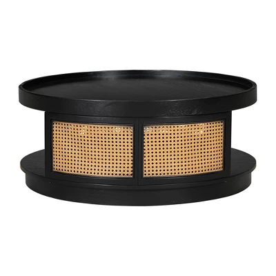 36.8'' Modern Round Coffee Table, 2 Tier Wooden Center Table With PE Rattan Side, Accent Cocktail End Table For Living Room Bedroom Office 5 36.8'' Modern Round Coffee Table, 2 Tier Wooden Center Table With PE Rattan Side, Accent Cocktail End Table For Living Room Bedroom Office - Image 5