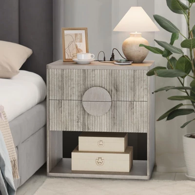 Fluted Nightstand With Charging Station - 2 Drawers + Open Shelf, Modern Wood Bedside Table For Bedroom & Living Room Storage 1 Fluted Nightstand With Charging Station - 2 Drawers + Open Shelf, Modern Wood Bedside Table For Bedroom & Living Room Storage
