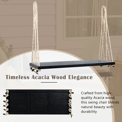 Outdoor Swing Chair With 2 Person Seating, Acacia Wood Hanging Chair Porch Swing Bench W/ Cushion, 2 Pillows & Hemp Ropes For Garden Backyard, White 2 Outdoor Swing Chair With 2 Person Seating, Acacia Wood Hanging Chair Porch Swing Bench W/ Cushion, 2 Pillows & Hemp Ropes For Garden Backyard, White - Image 2