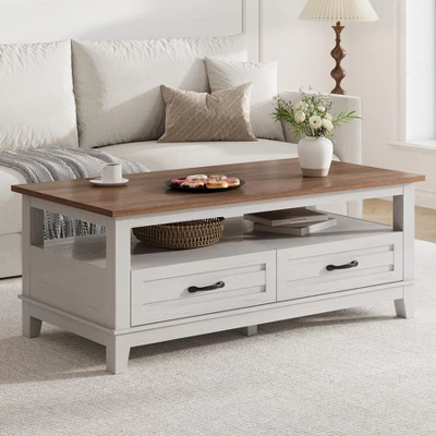 Farmhouse Coffee Table With Drawers, 47.2" Center Table Rustic Coffee Tables White Brown Living Room Table 9 Farmhouse Coffee Table With Drawers, 47.2" Center Table Rustic Coffee Tables White Brown Living Room Table - Image 9