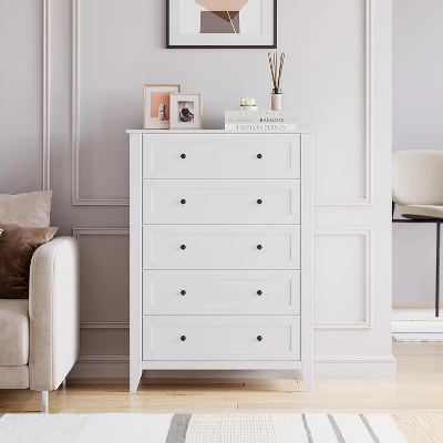 5 Drawers Dresser For Bedroom, Farmhouse Tall Wood Chest Of Drawers For Clothes, Big Storage Dressers Organizer With Gold Handles For Bedroom, White 2 5 Drawers Dresser For Bedroom, Farmhouse Tall Wood Chest Of Drawers For Clothes, Big Storage Dressers Organizer With Gold Handles For Bedroom, White - Image 2
