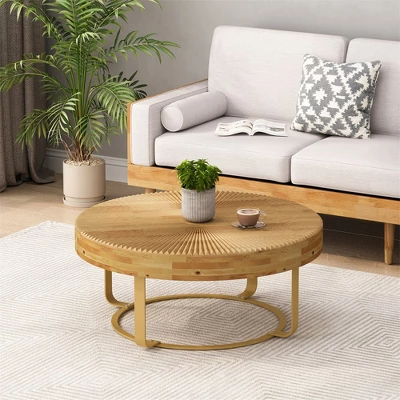 Center Tables, Modern Round Coffee Table Wooden Carving Pattern Coffee Table With Metal Legs For Living Room Reception Room Office 3 Center Tables, Modern Round Coffee Table Wooden Carving Pattern Coffee Table With Metal Legs For Living Room Reception Room Office - Image 3