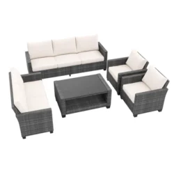 5-Piece Outdoor Patio Furniture Set, 7-Seat PE Rattan Sectional Sofa With Storage Table & Water-Repellent Cushions, Backyard, Deck, Poolside
