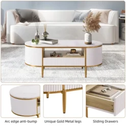 Modern Luxury Fluted Coffee Table, 48" Coffee Table With Storage Drawer, Oval Coffee Table With Golden Legs, Faux Marble Top -Garvee Sales GUEST f8b3a1c8 4499 4308 ab13 b813a62d266c