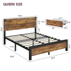 Queen Bed Frame With Storage, 4 Drawers And Heavy Duty Strong Metal Support Bed Frame With Wooden Headboard And Footboard