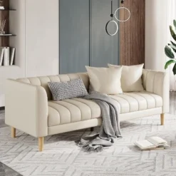 Faux Leather Sofa Couch, Modern 78" W Sofa With Deep Seats, 3 Seater Sofa Couch With 2 Throw Pillows And Wood Legs, For Living Room -Garvee Sales GUEST f9560462 8221 46fb a885 6935e701bb5e