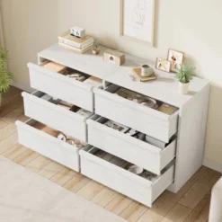 Garvee 6 Drawer Dresser For Bedroom, White Double Dresser Organizer With Concave Handles, Modern Chest Of Drawers For Bedroom Living Room Nursery