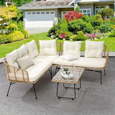 4-Piece Outdoor Wicker Patio Set With Cushions & Coffee Table, All-Weather Conversation Sofa Set For Balcony, Backyard, Poolside – Beige 6 4-Piece Outdoor Wicker Patio Set With Cushions & Coffee Table, All-Weather Conversation Sofa Set For Balcony, Backyard, Poolside – Beige - Image 6