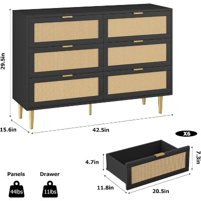 Rattan 6 Drawer Dresser, Wide Double Dresser With Gold Handles & Legs, Modern Chest With Large Storage For Bedroom Or Living Room 2 Rattan 6 Drawer Dresser, Wide Double Dresser With Gold Handles & Legs, Modern Chest With Large Storage For Bedroom Or Living Room - Image 2