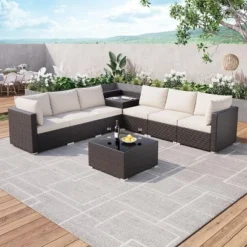 8-Piece Outdoor Patio Furniture Set, Modular Pe Rattan Wicker Sectional Sofa With Glaass Top Table For Garden And Backyard, All-Weather Design, Beige