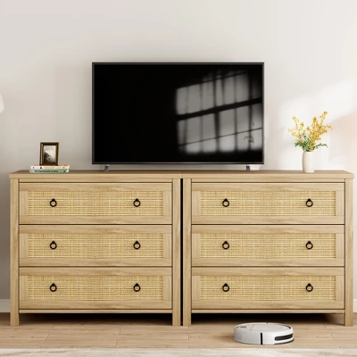 Freestanding Rattan Cabinet Dresser With Anti-Tip Design And Storage Drawer, Wooden Closet Dressers Chest For Bedroom, Living Room, Natural Wood 8 Freestanding Rattan Cabinet Dresser With Anti-Tip Design And Storage Drawer, Wooden Closet Dressers Chest For Bedroom, Living Room, Natural Wood - Image 8
