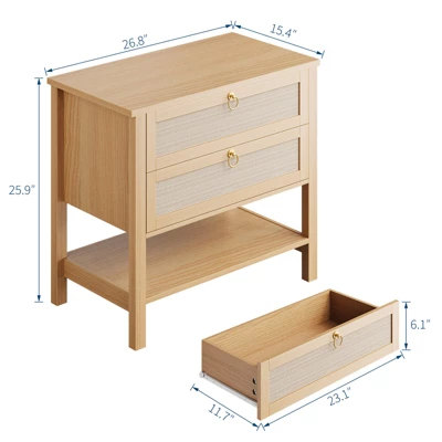 Rattan Night Stand Set Of 2, Boho Nightstand With 2 Drawers And Storage Shelf, Modern Farmhouse Nightstand, Side Tables For Living Room, Bedroom 2 Rattan Night Stand Set Of 2, Boho Nightstand With 2 Drawers And Storage Shelf, Modern Farmhouse Nightstand, Side Tables For Living Room, Bedroom - Image 2