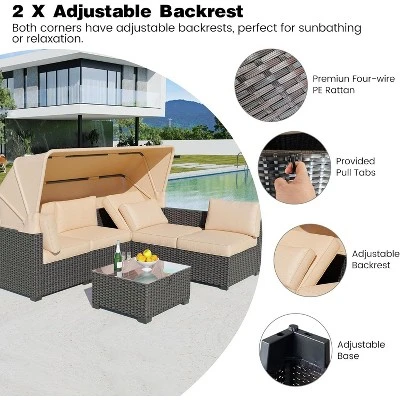 Garvee Outdoor Daybed With Canopy,6 Pieces Patio Furniture Sets Adjustable Backrest PE Gradient Wicker Sectional Furniture Set 5 Garvee Outdoor Daybed With Canopy,6 Pieces Patio Furniture Sets Adjustable Backrest PE Gradient Wicker Sectional Furniture Set - Image 5