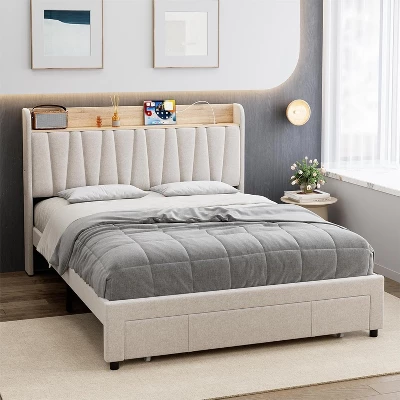 Full/Queen Size Upholstered Bed Frame With Storage Headboard, Drawer, Charging Station, Linen Platform, No Box Spring Needed 7 Full/Queen Size Upholstered Bed Frame With Storage Headboard, Drawer, Charging Station, Linen Platform, No Box Spring Needed - Image 7