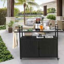 Outdoor Bar Table, Wicker Bar Cart With Cabinet, Patio Serving Cart With Steel Top, With A Ice Bucket, Lockable Wheels, Side Basket 15 Outdoor Bar Table, Wicker Bar Cart With Cabinet, Patio Serving Cart With Steel Top, With A Ice Bucket, Lockable Wheels, Side Basket -Garvee Sales GUEST fd546c09 8ca1 4486 91f1 b003b171d5f3