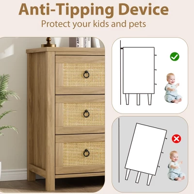 Freestanding Rattan Cabinet Dresser With Anti-Tip Design And Storage Drawer, Wooden Closet Dressers Chest For Bedroom, Living Room, Natural Wood 7 Freestanding Rattan Cabinet Dresser With Anti-Tip Design And Storage Drawer, Wooden Closet Dressers Chest For Bedroom, Living Room, Natural Wood - Image 7
