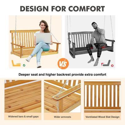 Wooden Porch Swing, Patio Bench Swing Porch Swing Outdoor, Heavy Duty Swing Chair Bench 440LBS With Hanging Chains For Outdoor Patio Garden Yard 4 Wooden Porch Swing, Patio Bench Swing Porch Swing Outdoor, Heavy Duty Swing Chair Bench 440LBS With Hanging Chains For Outdoor Patio Garden Yard - Image 4
