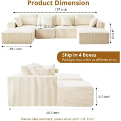 Oversized U-Shaped Cloud Couch, 137" Corduroy Modular Sectional Sofa With Chaise, No Assembly Required, Deep Seat, Compression Foam Sofa